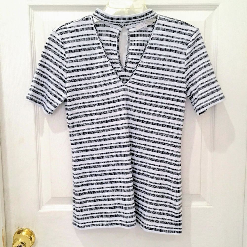1. State T-Shirt Striped Mixed Neckline Keyhole Back Button Claps Ribbed Cute XS